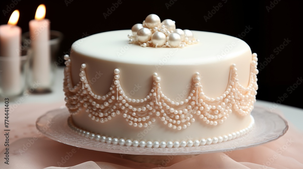 A cake decorated with edible pearls and lace