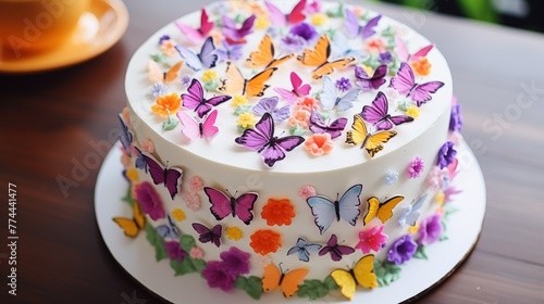 A cake decorated with edible flowers and butterflies