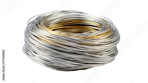 A coil of wire elegantly swirls on a white background