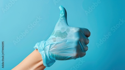 Cropped a human hand wearing latex glove showing thumb up gesture blue background. AI generated
