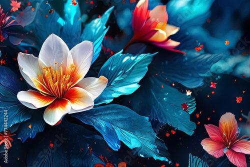 Image features striking contrast between vivid colors of flowers, dark backdrop, creating visually appealing, dramatic composition. For interior design, textiles, clothing, gift wrapping, web design.