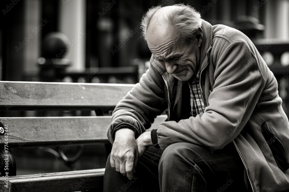 Aged man resting on park bench showing signs of distress and sorrow in a monochromatic scene Aged man resting on park bench showing signs of distress and sorrow in a monochromatic scene