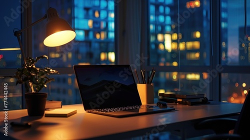 Portrait of modern workspace with laptop and spotlight on table at night. AI generated image photo