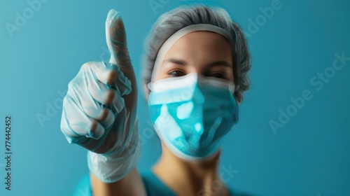 Cropped a human hand wearing latex glove showing thumb up gesture blue background. AI generated