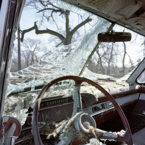 view from in the car, dashbaord with shattered window and steering wheel photo