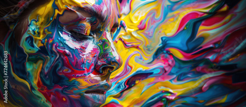 Surreal portrait with vibrant liquid colors, abstract female profile against swirling background