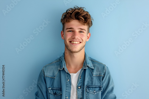 Casual young man in a denim shirt, sincere smile, blue background. © MAKSIM MAKSIMOV