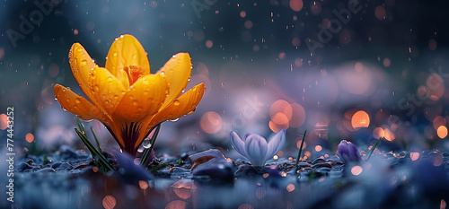 Single flower of crocus in the spring rain, selective focus, sunrise, background bokeh, copy space