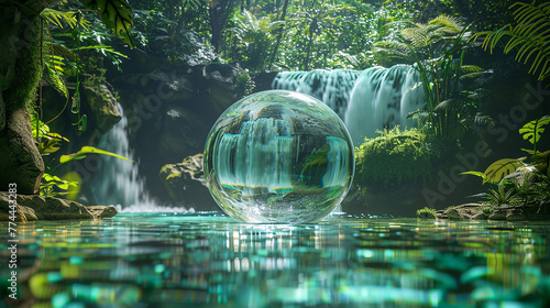 A tranquil waterfall cascading into a crystal-clear pool below, surrounded by lush greenery and the symphony of nature's melody, encapsulated within a serene 3D glass globe.