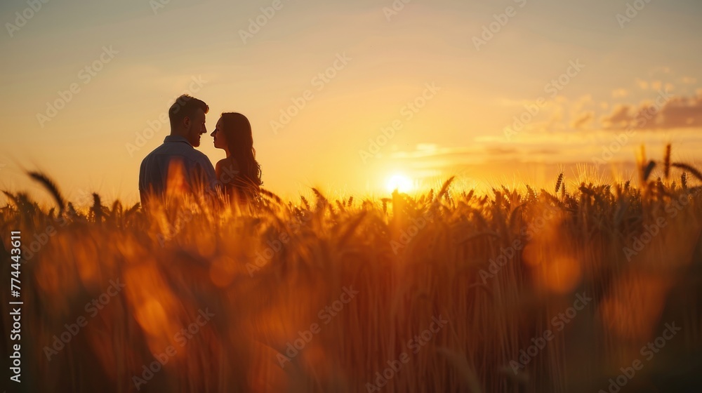 Back view romantic couple staying at a wheat field at sunset dawn landscape. AI generated image