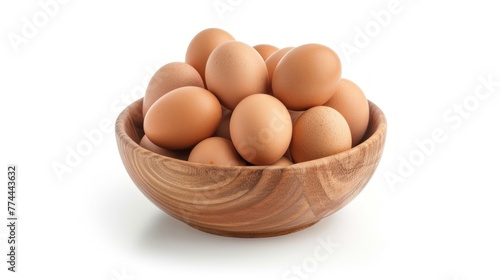 Group of fresh whole raw chicken eggs in wooden bowl isolated on white background. AI generated