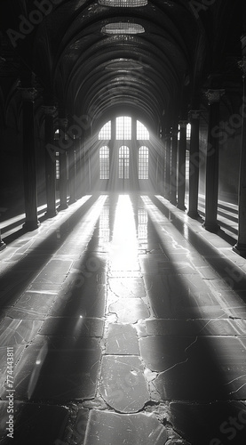 A long, narrow hallway with a window in the middle. AI.