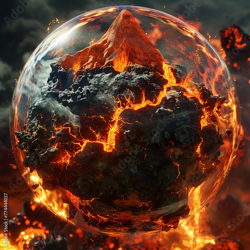 A volcanic island chain with fiery eruptions and black sand beaches, encased within a fiery 3D glass globe. photo