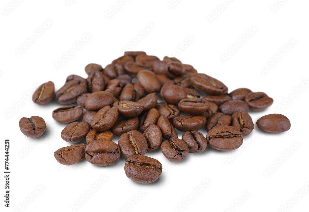 Pile of aromatic roasted arabica coffee beans close up, macro isolated on white, transparent background. Wallpaper, texture, background, top view. Pile of aromatic roasted arabica coffee beans close up, macro isolated on white, transparent background. Wallpaper, texture, background, top view.