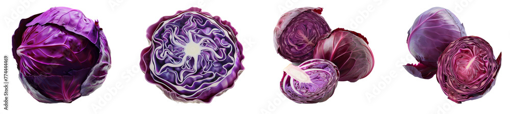 Purple cabbage whole and sliced set isolated cut out on transparent background Purple cabbage whole and sliced set isolated cut out on transparent background