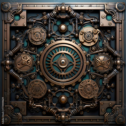 Steampunk Flat wall Panel texture, ornately carved wood, brass, copper, glass, front view, no perspective