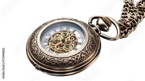 A majestic pocket watch with a delicate chain attached, gleaming in the light