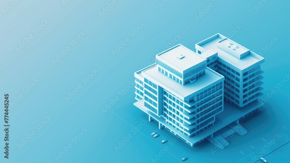 Illustration of a 3D miniature model modern, white building complex on blue background - obrazy, fototapety, plakaty 