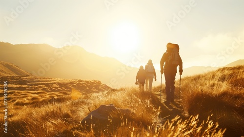 Hikers with backpacks walking through sunlit golden grassy field during sunset in a rural landscape