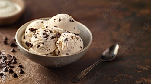 A bowl of chocolate chip ice cream with a spoon on the side photo
