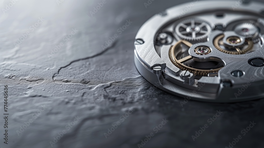 Close-up of a watch mechanism on dark stone background, showcasing intricate details and gears - obrazy, fototapety, plakaty 