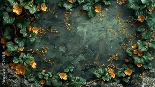 A texture combining the flowing, elegant lines of Art Nouveau with floral elements, featuring strands of green ivy and golden accents created with Generative AI Technology #774445851