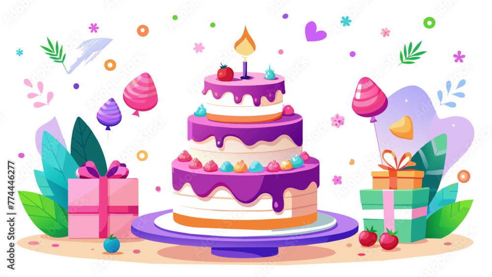 Joyful Celebration: A Beautiful Cartoon Vector of a Birthday Cake Joyful Celebration: A Beautiful Cartoon Vector of a Birthday Cake