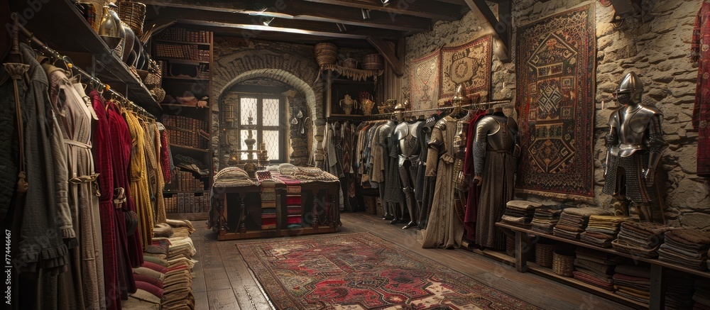 Captivating Medieval Castle Dressing Room with Tapestries and Suits of Armor