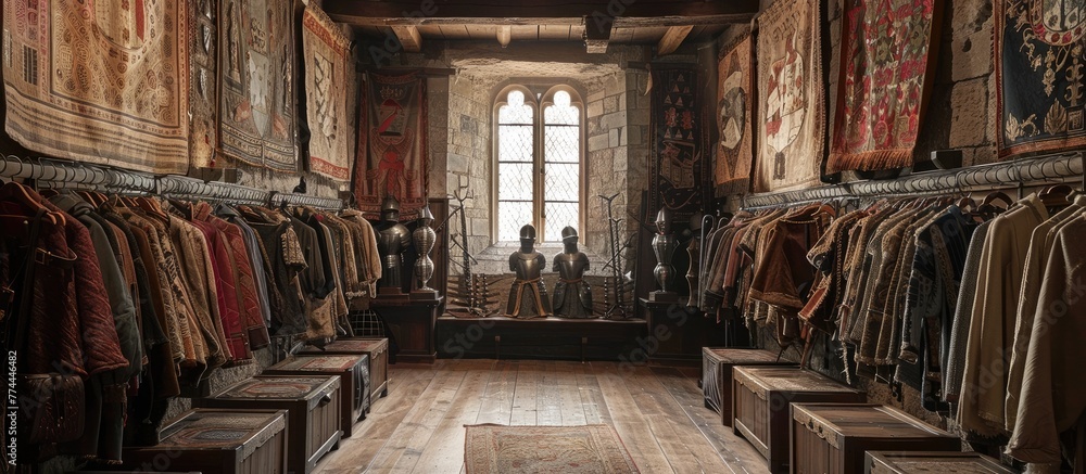 Opulent Medieval Dressing Room in a Castle Tower Showcasing Tapestries and Suits of Armor - obrazy, fototapety, plakaty 