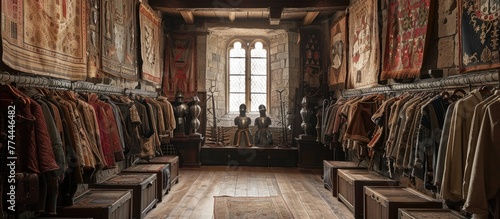 Opulent Medieval Dressing Room in a Castle Tower Showcasing Tapestries and Suits of Armor