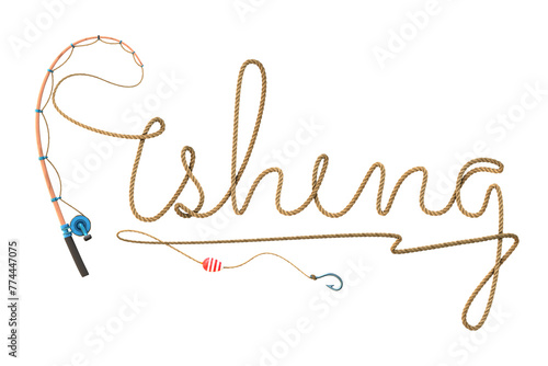 3D render of the text "fishing" with a rope texture