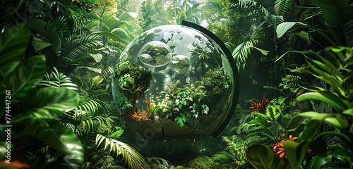A lush rainforest enveloping a 3D glass globe, teeming with vibrant flora and fauna.