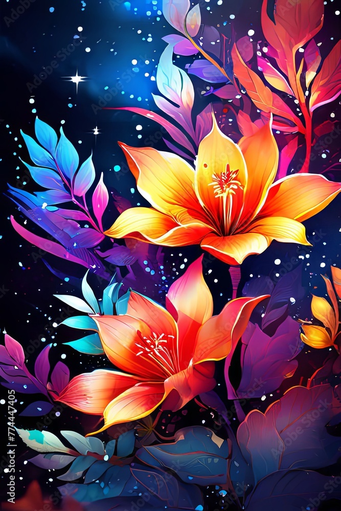 Contrast between bright flowers, dark background gives image special atmosphere, appeal, highlighting its beauty wonder. For home interior, bedroom, living room, childrens room to add bright colors. Contrast between bright flowers, dark background gives image special atmosphere, appeal, highlighting its beauty wonder. For home interior, bedroom, living room, childrens room to add bright colors.