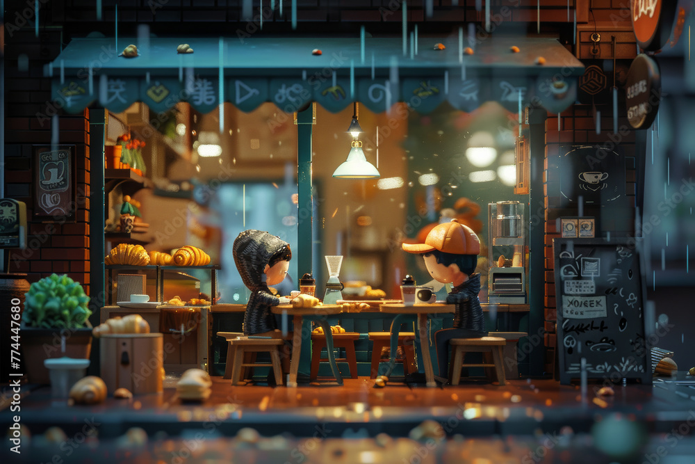 A cozy 3D cafe scene with characters sitting around small tables, enjoying croissants and coffee, through the cafe window, a rainy day outside