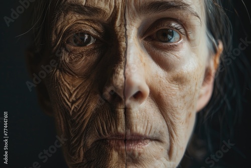 Elderly Woman's Face Juxtaposed with Her Youthful Self, Concept of Aging and Time