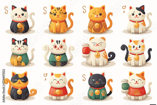 Cute Asian Prosperity and Lucky Cats in Chinese, Korean and Japanese Style Isolated White Background