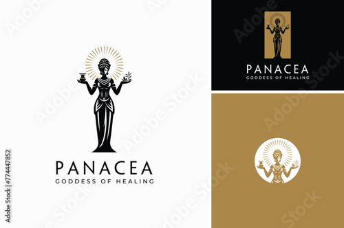 A silhouette of a beauty woman with pot cup and leaf. A sculpture of Panacea, goddess of healing pharmacy wellness logo design