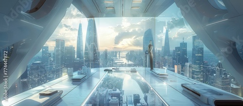 Futuristic Dressing Room with Panoramic Views of a Floating City's Skyline
