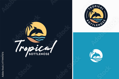 A bottlenose dolphin with palm tree, sun, ocean sea waves and beach sand for aquatic sealife wildlife conservation logo design.