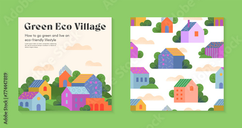 Green eco village brochure concept.Web page design template with countryside in the spring or summer.Seamless pattern with houses and trees.Vector layouts for real estate website prints flyers banners