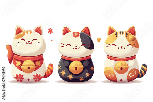 Cute Asian Prosperity and Lucky Cats in Chinese, Korean and Japanese Style Isolated White Background
