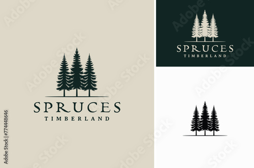 Silhouette of three pines tree similar with evergreen fir conifer spruce cedar larch cypress tree. Forest Landscape classic vintage logo design