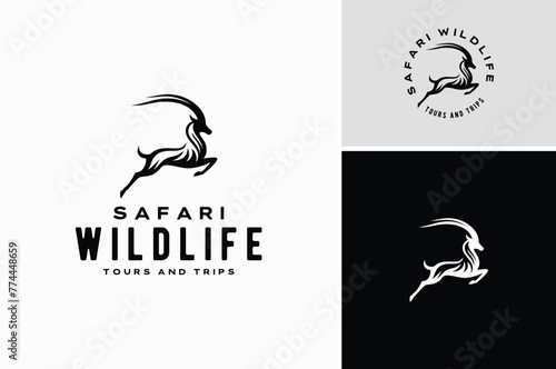 Running Jumping Leaping Ibex Antelope silhouette for adventure outdoor zoo safari travel trip or wildlife conservation logo design