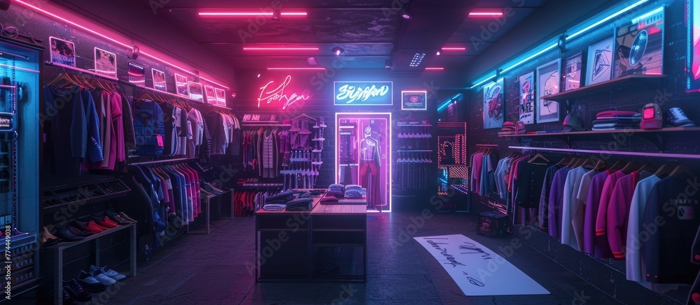 Retro-Futuristic Dressing Room with Holographic Advertisements and Neon Lighting in a Vibrant Urban Setting