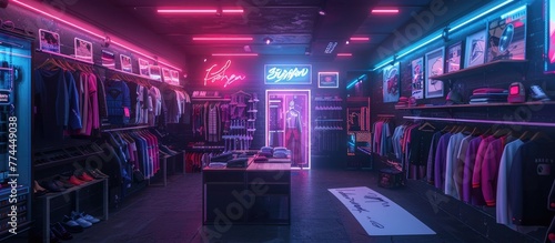 Retro-Futuristic Dressing Room with Holographic Advertisements and Neon Lighting in a Vibrant Urban Setting