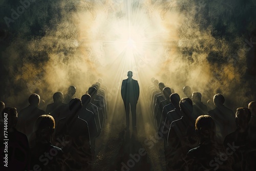 A man is standing in front of a crowd of people, possibly addressing or leading them. Generative AI