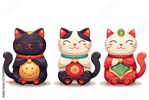 Cute Asian Prosperity and Lucky Cats in Chinese, Korean and Japanese Style Isolated White Background