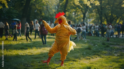 Person in a chicken costume entertaining park with people the background