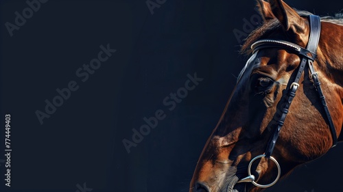 Close-up of a brown horse's head against dark background, showcasing its bridle and glossy coat