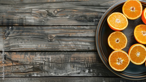 Halved oranges on a black plate over rustic wooden background